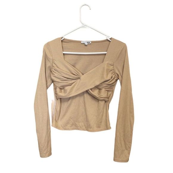 Fashion Nova Tan Cropped Knot Front Long Sleeve Top Womens M - Picture 1 of 7